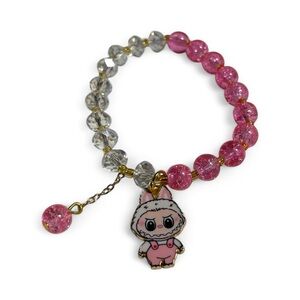 Labubu Stretchy Pink and Clear Glass Beaded Bracelet with Labubu Charm